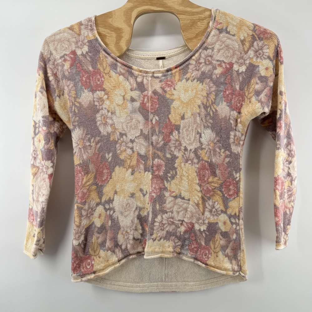 Free People Sweater Womens Large Floral Knit Wool Angora Pullover Bohemian Top‎